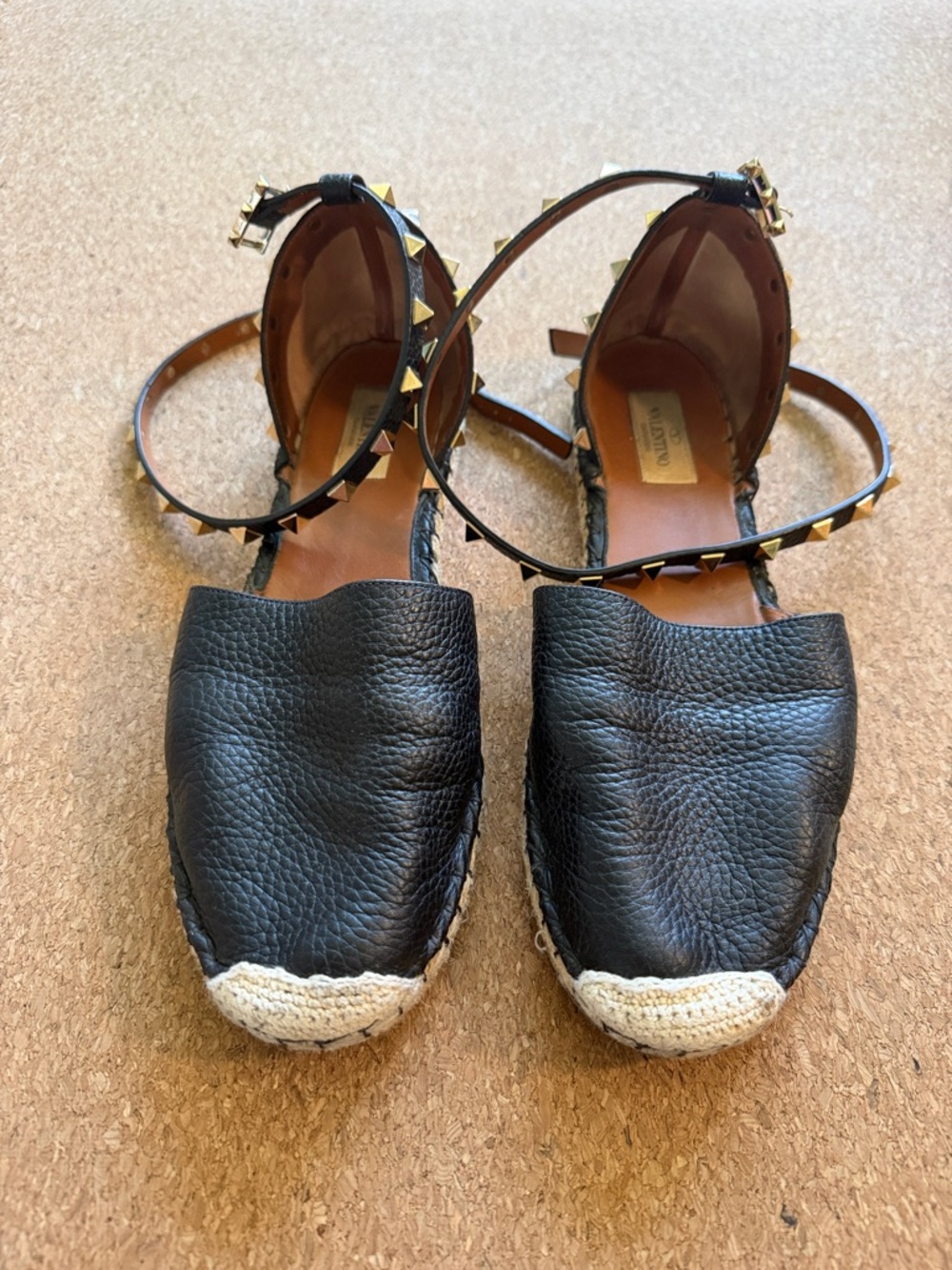 Valentino Garavani Black Leather Espadrilles with Gold Rockstud Ankle Straps